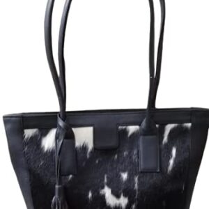 Exotic Cowhide Tote Bag Hair on black white Cowhide Women Purse Shoulder Bag (Brown)