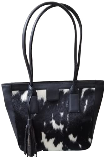 Exotic Cowhide Tote Bag Hair on black white Cowhide Women Purse Shoulder Bag (Brown)