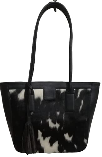 Exotic Cowhide Tote Bag Hair on black white Cowhide Women Purse Shoulder Bag (Brown)