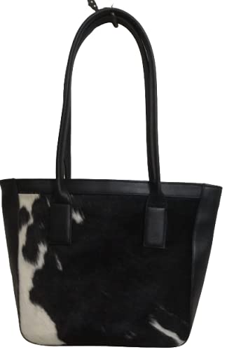 Exotic Cowhide Tote Bag Hair on black white Cowhide Women Purse Shoulder Bag (Brown)