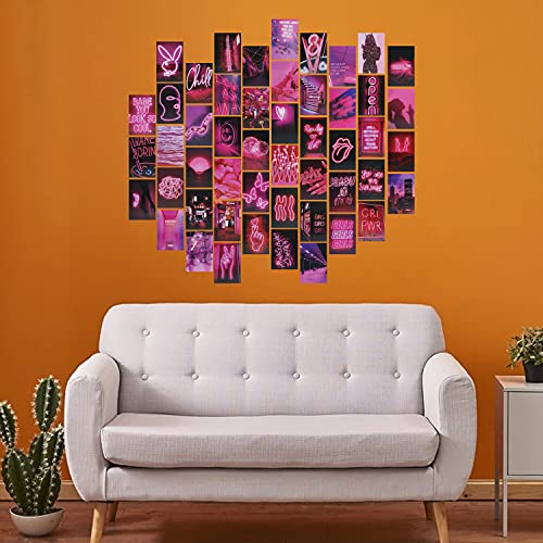 Wall Collage Kit Aesthetic Pictures, Pink Room Decor Aesthetic,Double-Sided Printing 50 Pcs Boho Decor Room Decor for Teen Girls, Wall Art Plants Photo Collage Kit for Wall Aesthetic (Pink)