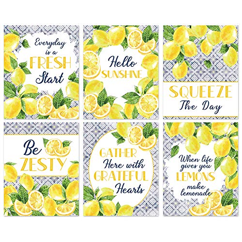 HLNIUC Lemon signs Art Prints, Inspirational Blue Pattern Yellow Lemon Pictures Set Of 6(8”X10”, Unframed), Fruit Botanical Poster Green Leaf Modern Wall Art For Bed Room Living Room Kitchen Decor