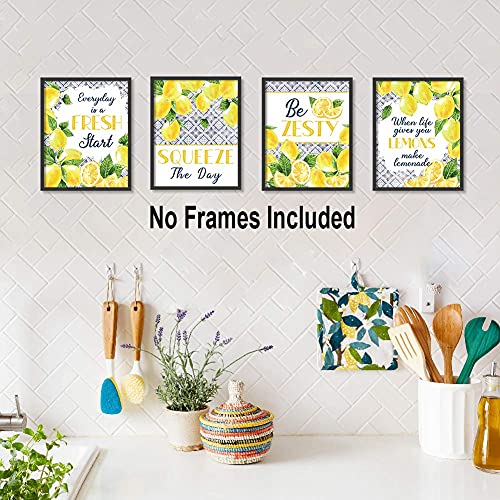 HLNIUC Lemon signs Art Prints, Inspirational Blue Pattern Yellow Lemon Pictures Set Of 6(8”X10”, Unframed), Fruit Botanical Poster Green Leaf Modern Wall Art For Bed Room Living Room Kitchen Decor