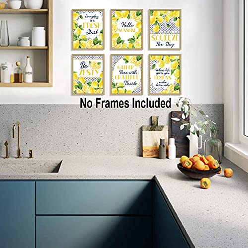 HLNIUC Lemon signs Art Prints, Inspirational Blue Pattern Yellow Lemon Pictures Set Of 6(8”X10”, Unframed), Fruit Botanical Poster Green Leaf Modern Wall Art For Bed Room Living Room Kitchen Decor