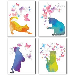 iiiluyot watercolor cat with colorful butterfly art print, set of 4(8”x10”) watercolor animals poster painting for home decor, cat gift for girl daughter granddaughter niece cat lover, unframed
