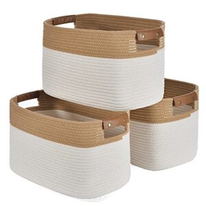 cotton rope basket, decorative woven basket with leather handles, rectangle storage basket for clothes, toys, makeup, books, towels, sundries 15.3×10×9.4 inches(3-pack, brown&white)