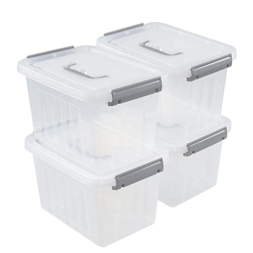 Hespama 6 Quart Storage Bin, Plastic Latching Box/Container with Clear Lid, Blue Handle and Latches, 4 Packs