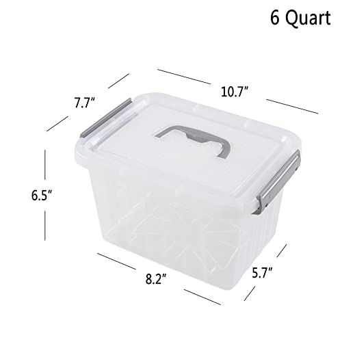 Hespama 6 Quart Storage Bin, Plastic Latching Box/Container with Clear Lid, Blue Handle and Latches, 4 Packs