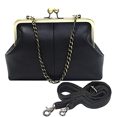 Abuyall Women Small Kiss Lock Handbag Fabric Evening Purse Chain Strap Crossbody Shoulder Bag Black