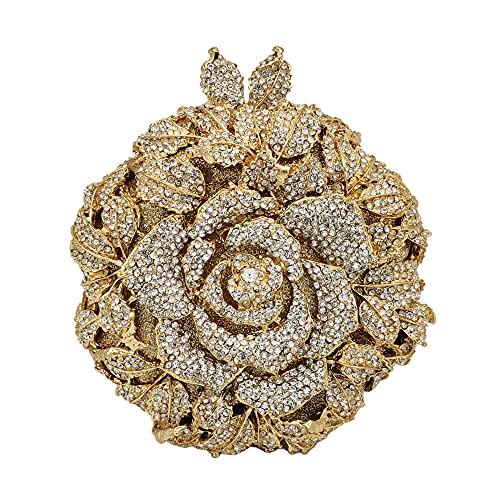 Boutique De FGG Round Shape Rose Flower Crystal Clutch Purses for Women Formal Evening Bags Wedding Party Handbags (Small,Gold&Silver)