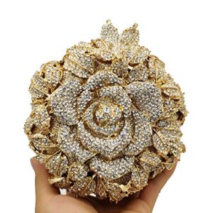 Boutique De FGG Round Shape Rose Flower Crystal Clutch Purses for Women Formal Evening Bags Wedding Party Handbags (Small,Gold&Silver)