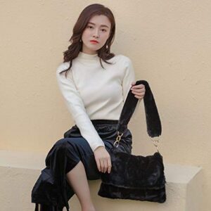 Women Soft Faux Fur Shoulder Bag Fuzzy Leopard Print Handbags Plush Tote Bags Clutch Purse (Black)