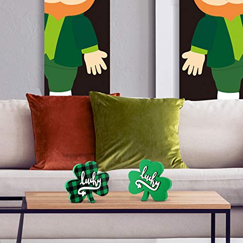 Hicarer 2 Pieces St. Patrick's Day Decor Wooden Shamrock Decor with 3D Lucky Pattern Green Irish St. Patrick's Day Sign for Desk, Wall, Office and Home Decor
