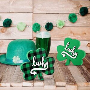 Hicarer 2 Pieces St. Patrick's Day Decor Wooden Shamrock Decor with 3D Lucky Pattern Green Irish St. Patrick's Day Sign for Desk, Wall, Office and Home Decor
