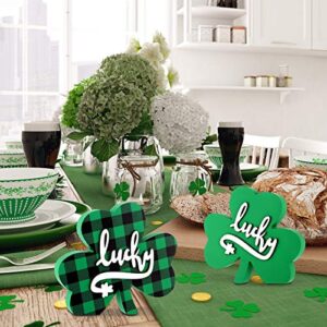 Hicarer 2 Pieces St. Patrick's Day Decor Wooden Shamrock Decor with 3D Lucky Pattern Green Irish St. Patrick's Day Sign for Desk, Wall, Office and Home Decor