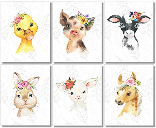 Baby Farm Animals Wall Art Prints - Nursery Decor - Set of 6-8x10 - Unframed - Watercolor