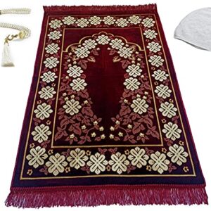 EDUS Turkish Muslim Prayer Rug, Gifts 99 Prayer Beads and Kufi Hats for Men, Islamic Prayer Mat for Men Women and Kids, Portable Velvet Carpet, Great Ramadan Gifts (F. Claret Red)