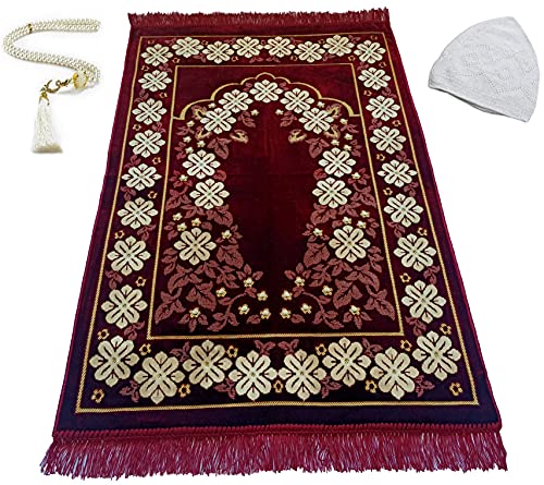 EDUS Turkish Muslim Prayer Rug, Gifts 99 Prayer Beads and Kufi Hats for Men, Islamic Prayer Mat for Men Women and Kids, Portable Velvet Carpet, Great Ramadan Gifts (F. Claret Red)