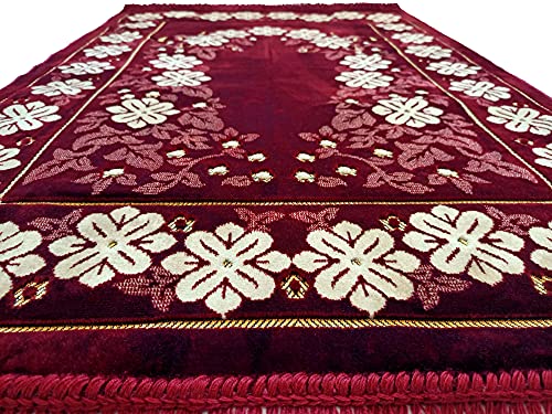 EDUS Turkish Muslim Prayer Rug, Gifts 99 Prayer Beads and Kufi Hats for Men, Islamic Prayer Mat for Men Women and Kids, Portable Velvet Carpet, Great Ramadan Gifts (F. Claret Red)