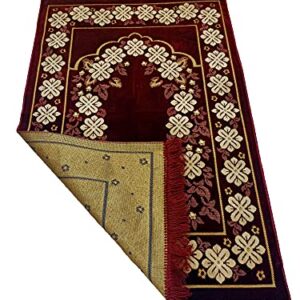 EDUS Turkish Muslim Prayer Rug, Gifts 99 Prayer Beads and Kufi Hats for Men, Islamic Prayer Mat for Men Women and Kids, Portable Velvet Carpet, Great Ramadan Gifts (F. Claret Red)