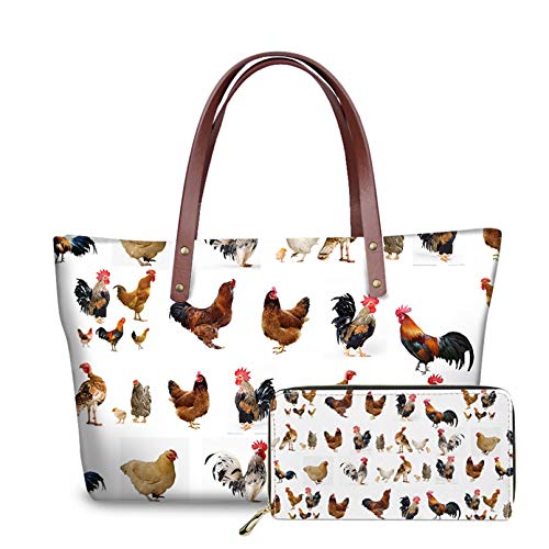 JoyLamoria Chic Animal Chicken Print Shoulder Bags for Women Casual Tote Bag Satchel Bag with Wallet Zipper Closure