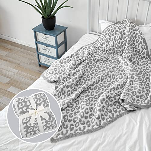 Throw Blanket Soft Fuzzy Fluffy Leopard Knit Throw Blanket, Cozy Plush Fleece Comfy Microfiber Cheetah Blanket for Couch Sofa Bed, Stone/Cream