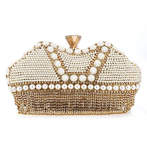 Women Crystal Evening Clutch Purse Pearl Flower Crossbody Bag Lady Tassel Wedding Party Hand Bags with Chain (Light gold)