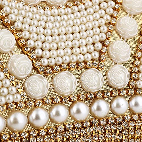 Women Crystal Evening Clutch Purse Pearl Flower Crossbody Bag Lady Tassel Wedding Party Hand Bags with Chain (Light gold)