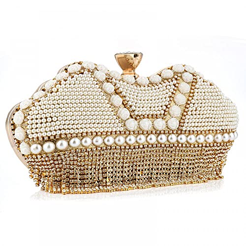 Women Crystal Evening Clutch Purse Pearl Flower Crossbody Bag Lady Tassel Wedding Party Hand Bags with Chain (Light gold)