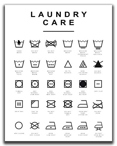 Laundry Room Decor - 11x14" UNFRAMED Print - Black And White Minimalist, Scandinavian, Modern, Typography Wall Print - Guide To Laundry Care Symbols - White Wall Art
