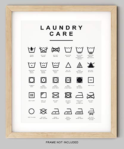 Laundry Room Decor - 11x14" UNFRAMED Print - Black And White Minimalist, Scandinavian, Modern, Typography Wall Print - Guide To Laundry Care Symbols - White Wall Art