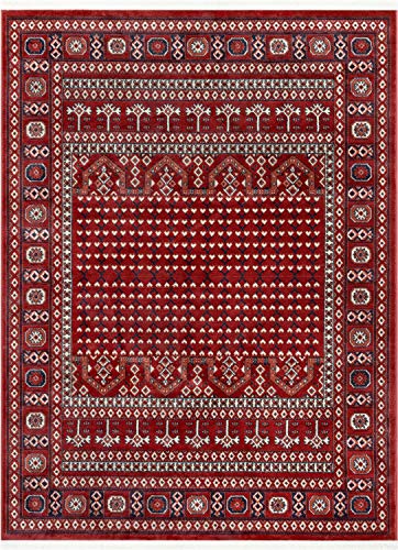 Well Woven Aldo Crimson Red & Blue Bokhara Tribal Area Rug 5x7 (5'3" x 7'3")