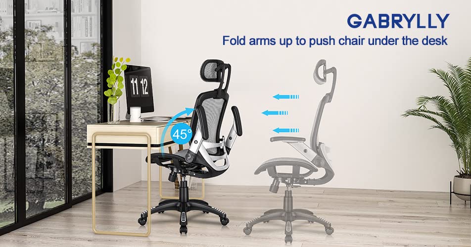 GABRYLLY Ergonomic Mesh Office Chair, High Back Desk Chair - Adjustable Headrest with Flip-Up Arms, Tilt Function, Lumbar Support and PU Wheels, Swivel Computer Task Chair, Grey