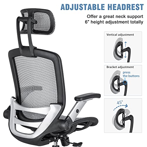 GABRYLLY Ergonomic Mesh Office Chair, High Back Desk Chair - Adjustable Headrest with Flip-Up Arms, Tilt Function, Lumbar Support and PU Wheels, Swivel Computer Task Chair, Grey