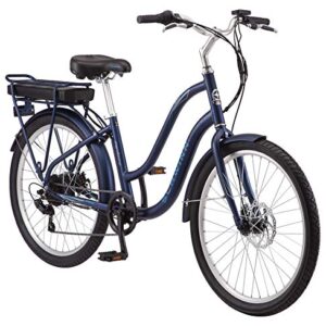 Schwinn Mendocino Mens and Womens Hybrid Electric Beach Cruiser, Lightweight Aluminum eBike Frame, 26-Inch Wheels, 6 Speed Drivetrain, Pedal Assist, Matte Blue