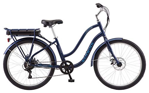 Schwinn Mendocino Mens and Womens Hybrid Electric Beach Cruiser, Lightweight Aluminum eBike Frame, 26-Inch Wheels, 6 Speed Drivetrain, Pedal Assist, Matte Blue