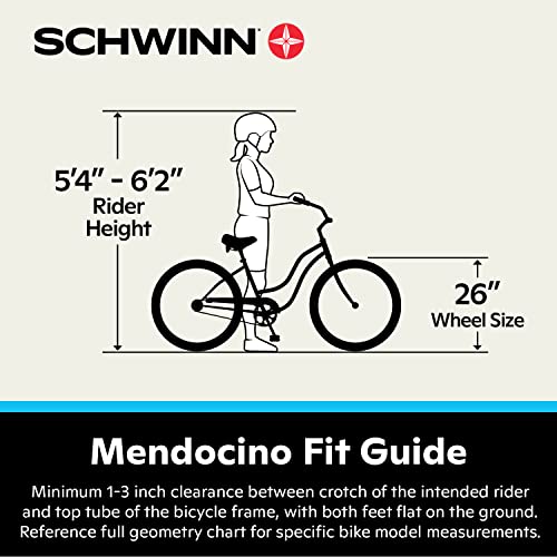 Schwinn Mendocino Mens and Womens Hybrid Electric Beach Cruiser, Lightweight Aluminum eBike Frame, 26-Inch Wheels, 6 Speed Drivetrain, Pedal Assist, Matte Blue