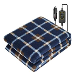 car electric heated blanket, 12v cigarette lighter plug in portable emergency heating blanket, small fleece car warming blanket, winter essential accessories for car travel camping suv rv (blue&white)