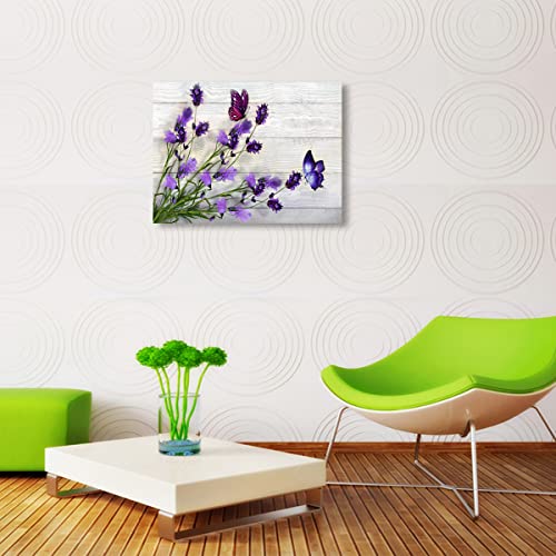 Purple Flowers Picture Canvas Prints Wall Art Room Wall Decor Floral on The Wooden Frame Background Painting for Bathroom Bedroom Home Wall Decoration Modern Artwork Poster Stretched Ready To Hang