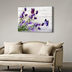 Purple Flowers Picture Canvas Prints Wall Art Room Wall Decor Floral on The Wooden Frame Background Painting for Bathroom Bedroom Home Wall Decoration Modern Artwork Poster Stretched Ready To Hang