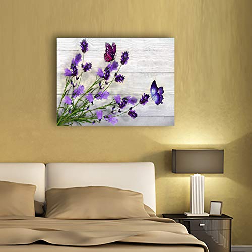 Purple Flowers Picture Canvas Prints Wall Art Room Wall Decor Floral on The Wooden Frame Background Painting for Bathroom Bedroom Home Wall Decoration Modern Artwork Poster Stretched Ready To Hang