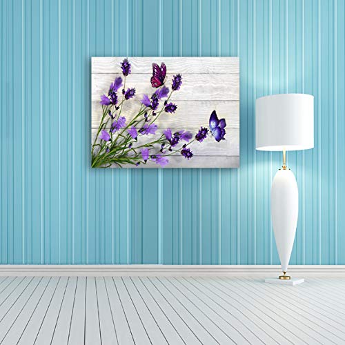 Purple Flowers Picture Canvas Prints Wall Art Room Wall Decor Floral on The Wooden Frame Background Painting for Bathroom Bedroom Home Wall Decoration Modern Artwork Poster Stretched Ready To Hang