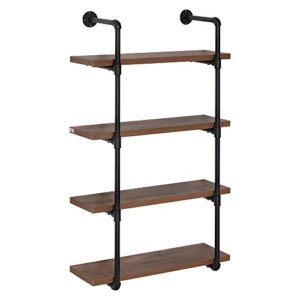 homcom 4-tier industrial pipe shelves floating wall mounted bookshelf, metal frame display rack, 1.25″ thickness shelving unit for farmhouse, kitchen, bar, rustic brown