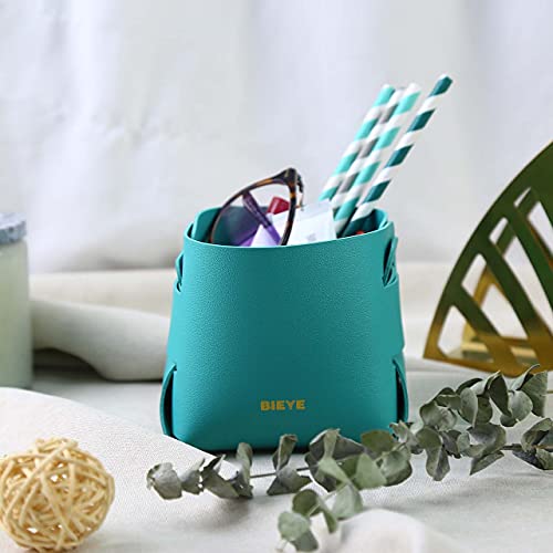 Bieye LSB002 Collapsible Leather Storage Bin Decorative Desk Organizer for Jewelry Makeup Pen Pencil Glasses Remote Controller Storage (Turquoise, 4WX4LX4H)
