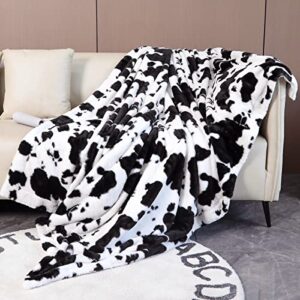 sucses black and white cow print blanket faux fur fleece cow blankets for couch sofa western style fluffy furry throw blanket for kids boys girls adults (black white, 63″x79″)