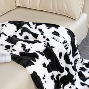 SUCSES Black and White Cow Print Blanket Faux Fur Fleece Cow Blankets for Couch Sofa Western Style Fluffy Furry Throw Blanket for Kids Boys Girls Adults (Black White, 63"x79")