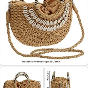 So'each Women's Handbag Shell Wicker Woven Rattan Straw Tote Bag Crossbody Bag Khaki