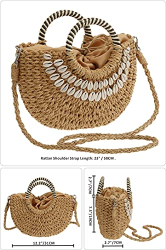 So'each Women's Handbag Shell Wicker Woven Rattan Straw Tote Bag Crossbody Bag Khaki