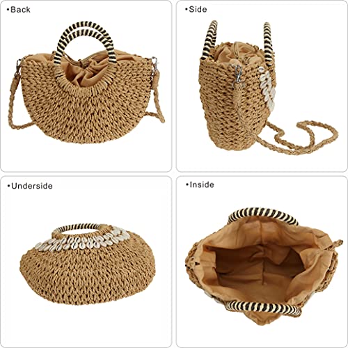 So'each Women's Handbag Shell Wicker Woven Rattan Straw Tote Bag Crossbody Bag Khaki