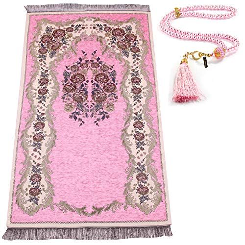 Muslim Prayer Rug with Prayer Beads | Janamaz | Sajadah | Soft Islamic Prayer Rug | Islamic Gifts | Prayer Carpet Mat, Chenille Fabric, Pink